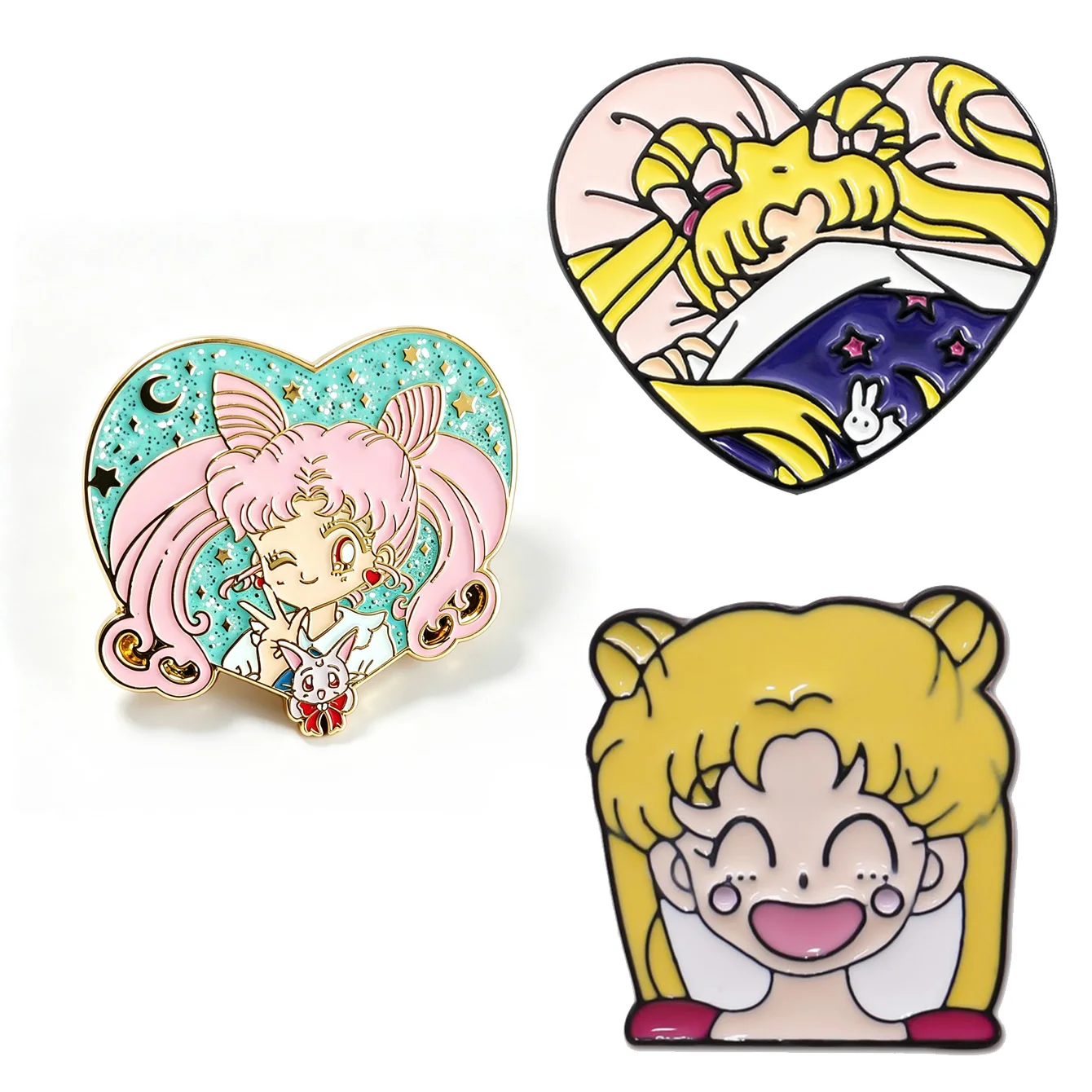 Kawaii Magical Girl Enamel Pin Pack Heart Frame Chibiusa & Diana Glitter Brooch Cartoon Cosplay Accessories for Clothing Bags