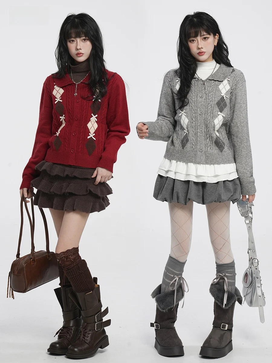 

Vee2 ey Diamond Pattern Knitted Sweater Women's Autumn Winter Red Open Cardigan Jaet Soft Nylon Fabric Regular Fit