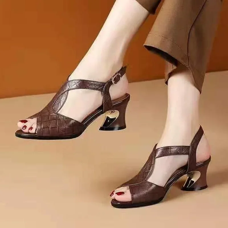 2024Women\'s Peep Toe Chunky Heel Shoes 2023 Summer Vintage High Heel Sandals for Dress Office T-strap Heeled Shoes