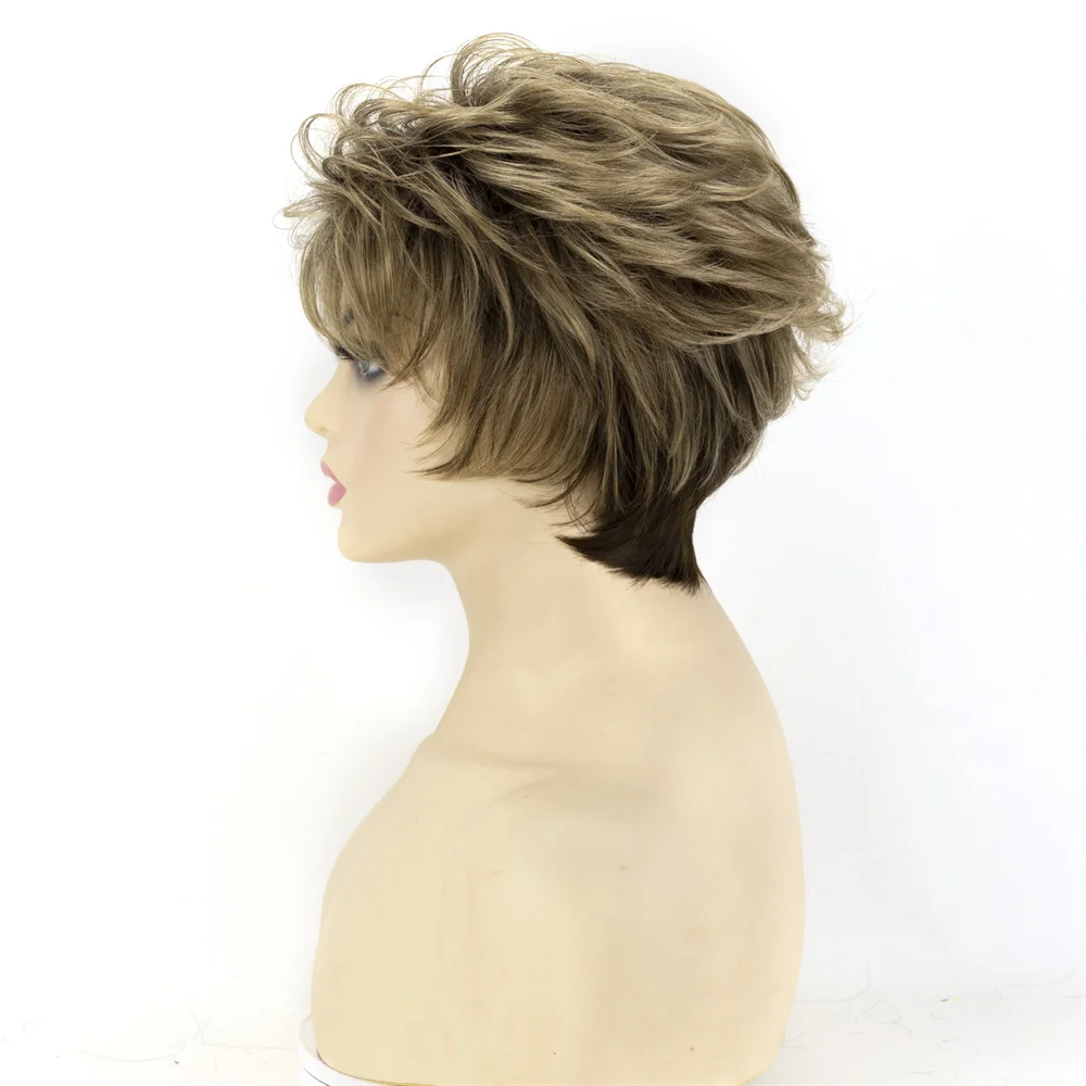 Short Pixie Cut Synthetic Wigs For Women Natural Straight Curly Ombre Blonde with Bangs Hair Style Daily Use Womens Hair Wig