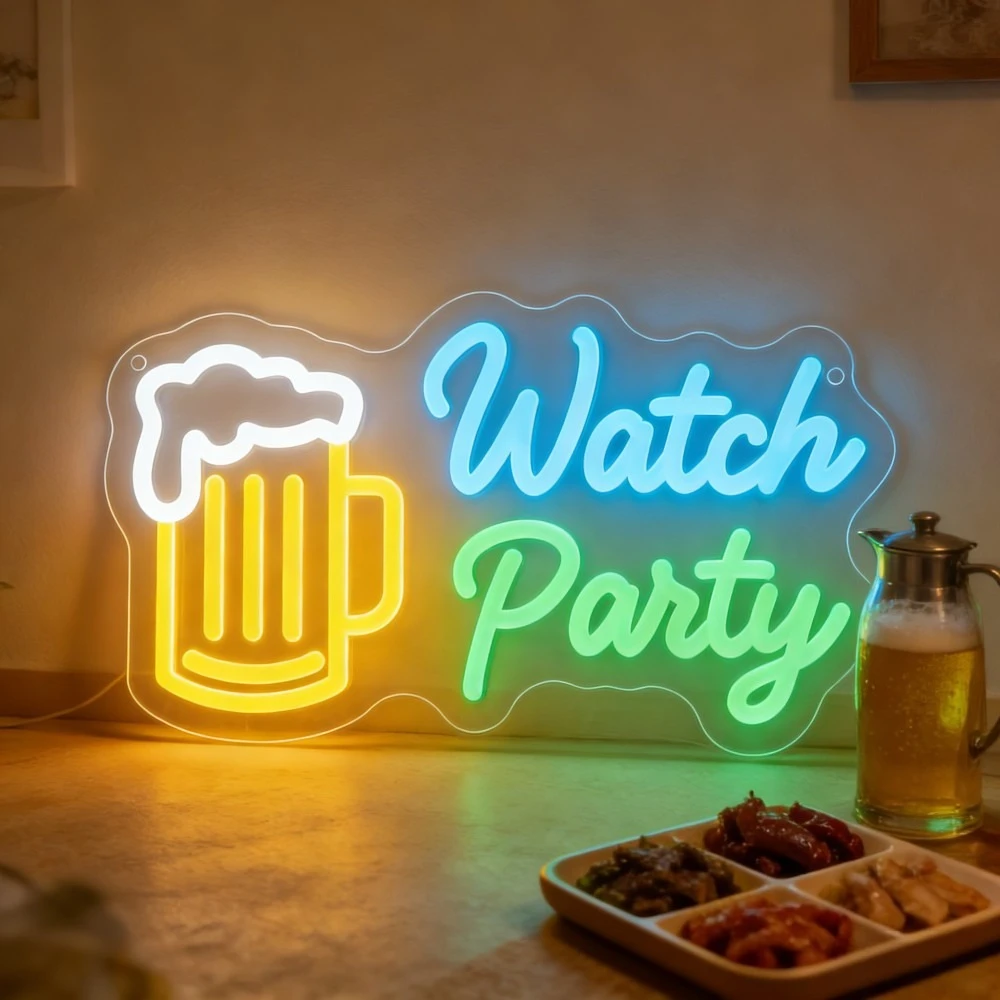 

Неоновая вывеска Watch Party: светодиодный настенный декор для дома, бара, игровых вечеринок. Освещение для создания веселой атмосферы просмотра спортивных мероприятий. Идеальный подарок.