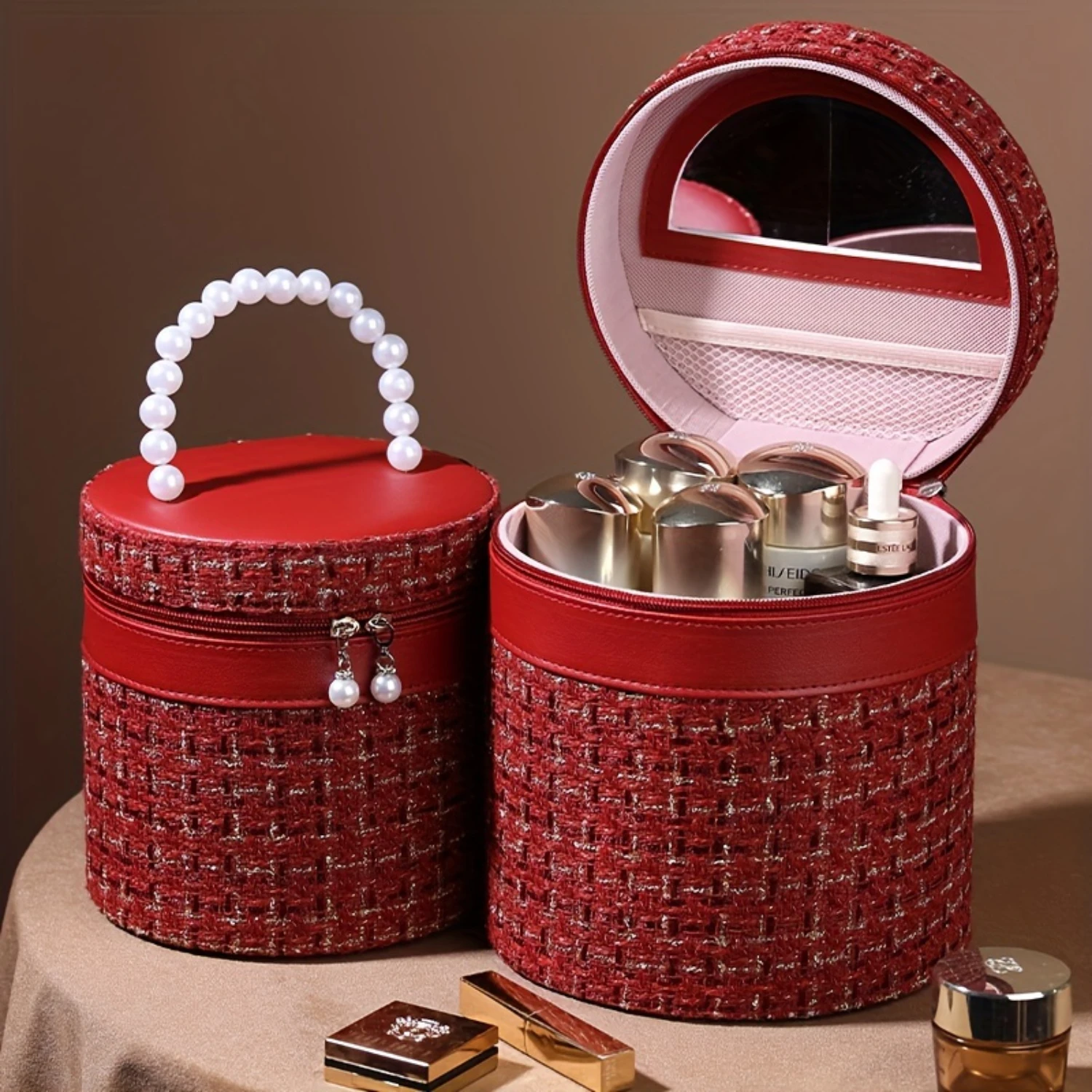 Light Luxury Tweed Bag with Large Capacity Faux Pearl Beaded Handle - Bridesmaid Gift Wedding Makeup Organizer