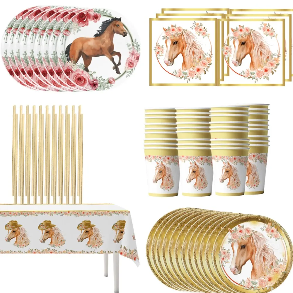 Horse Theme Birthday Decorations Baby Share Disposable Tableware Balloon Banner Tablecloth Kids Boys Favor Party Supplies