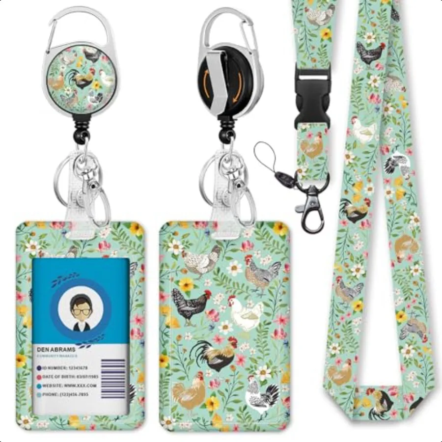 

Floral Chickens Lanyards for ID Badges Cute Rooster Badge Holder Retractable Badge Reel Animal Lanyard Id Holder Clip Keychain