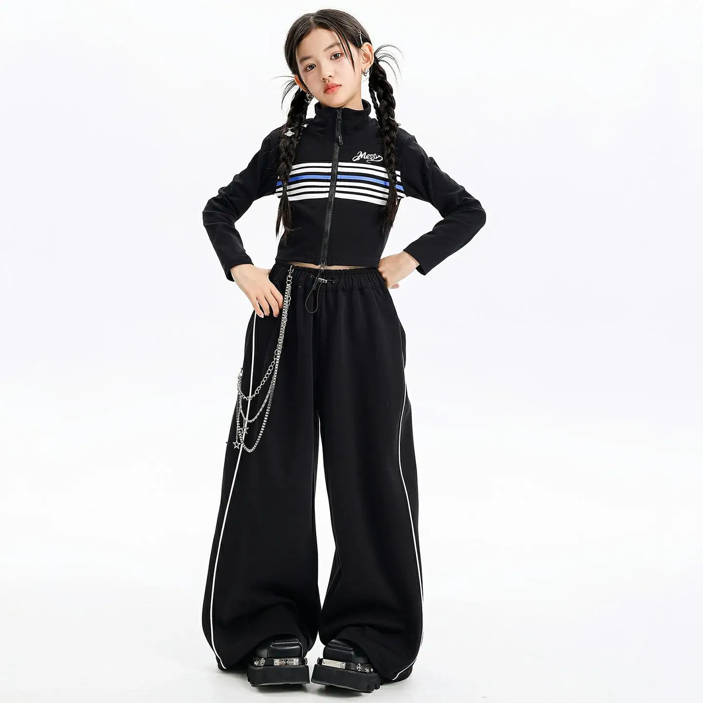 Ropa de Hip Hop Kpop para chico, camiseta corta a rayas negras con cremallera y cuello simulado, pantalones de chándal anchos informales para niña, ropa de traje de baile