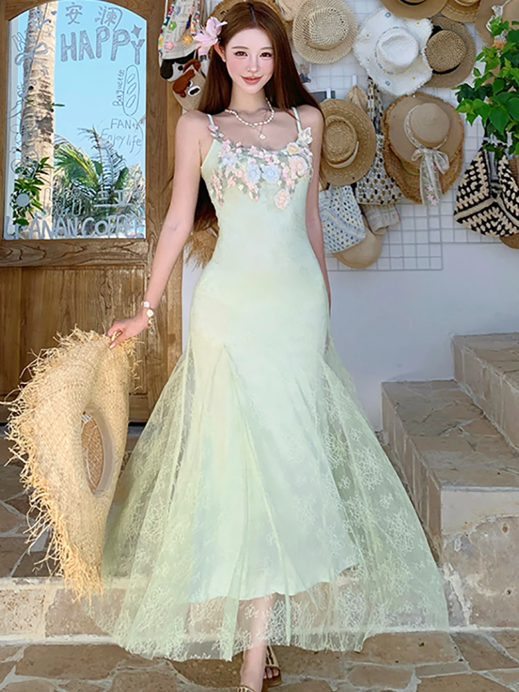 Women Green Jacquard Chic Floral Sling Long Dress Summer Elegant Casual Beach Style Dress 2026 Korean Fashion Bodycon Prom Dress
