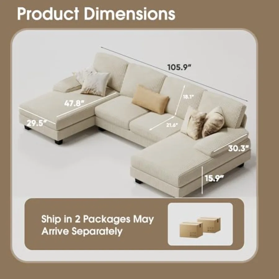 Sectional Couches for Living Room, Corduroy Fabric, Beige, Ultra-Soft Texture and Modular Design