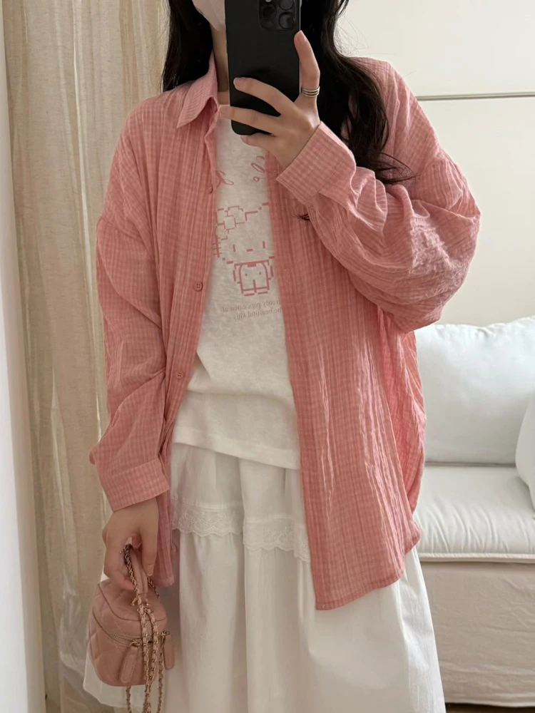 

Ladies' Gentle Korean Style Long Sleeve Plaid Shirt Loose Fit Sun Protection Two-Piece Set Spring Summer New Arrival Versatile