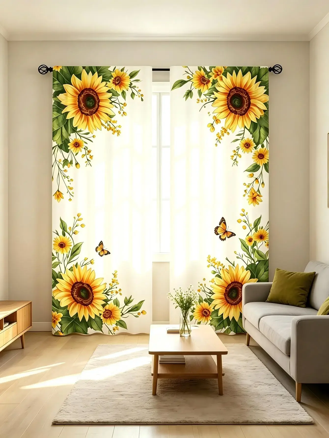 2PCS Digital Print  Curtain, Diagonal Sunflower, Bohemian Style  Curtain Panel for Home Living Room Bedroom Decor