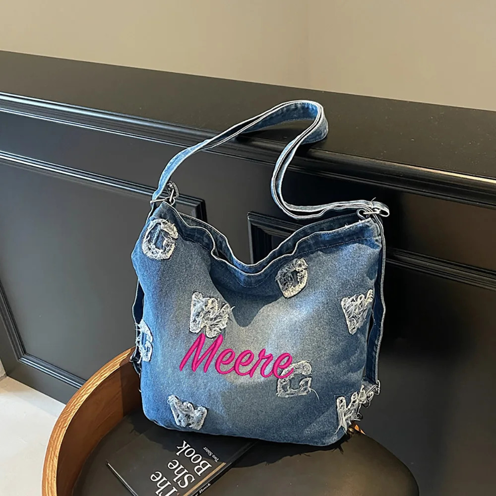

Retro Customizable Embroidered Denim Bag, Large Capacity Simple And Relaxed Crossbody Bag, Trendy Casual College Shoulder Bag