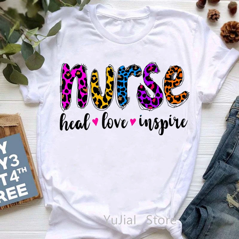 

Funny Leopard Nurse Letter Print Women'S T-Shirts Heal Love Inspire Tshirt Femme Harajuku Kawaii Clothes Summer Tops Tee Shirt