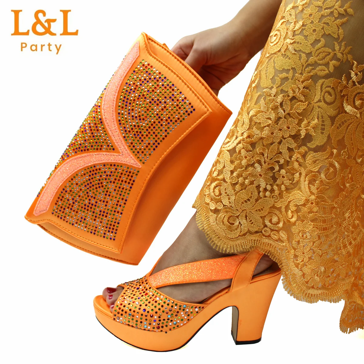 New Fashion Orange Color Luxury Comfortable Heels Ladies High Heel Sandals with Crystal Bag Set For Party Women