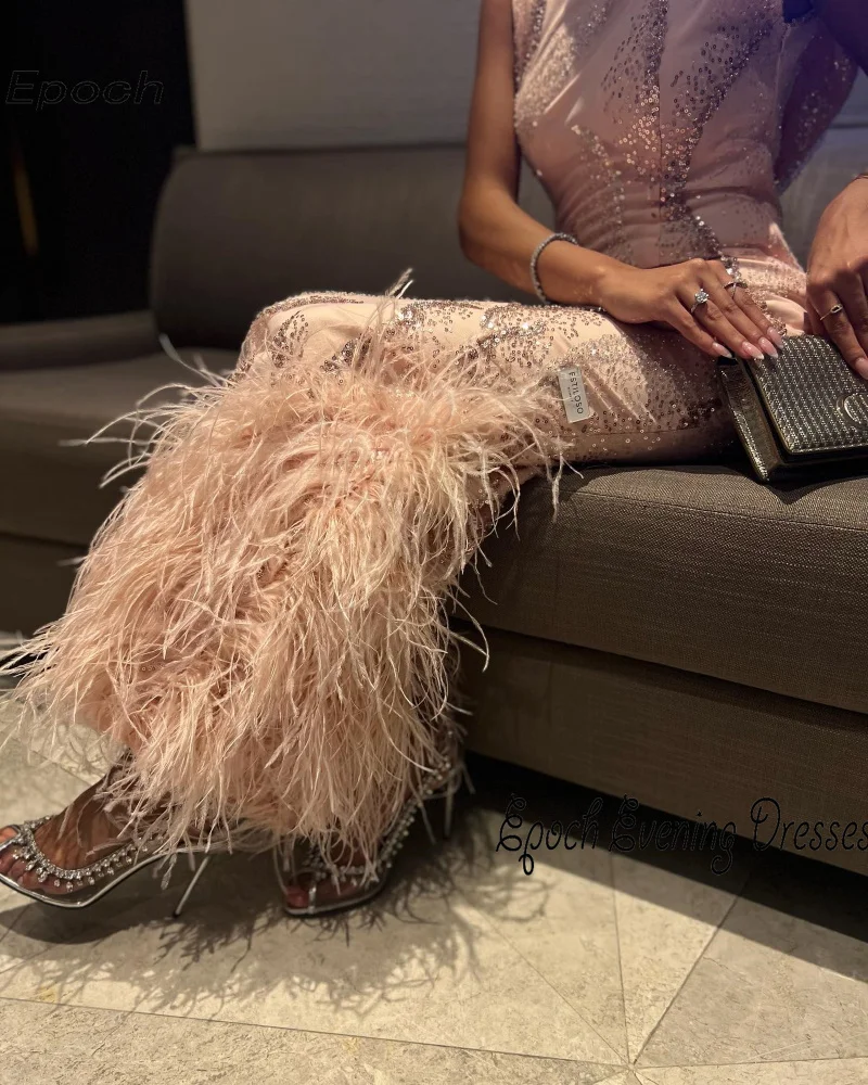 Luxury Evening Dress For Sexy Women 2024 فساتين السهرة Elegant Straight O-Neck Lace Feathers Bodice Cocktail Party Prom Gown