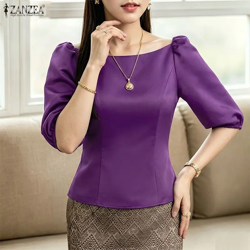 ZANZEA – chemisiers élégants en Satin pour femmes, col bateau, manches bouffantes, coutures princesse, couleur unie, hauts courts, pour l'été, pour fête, Blusa Mujer