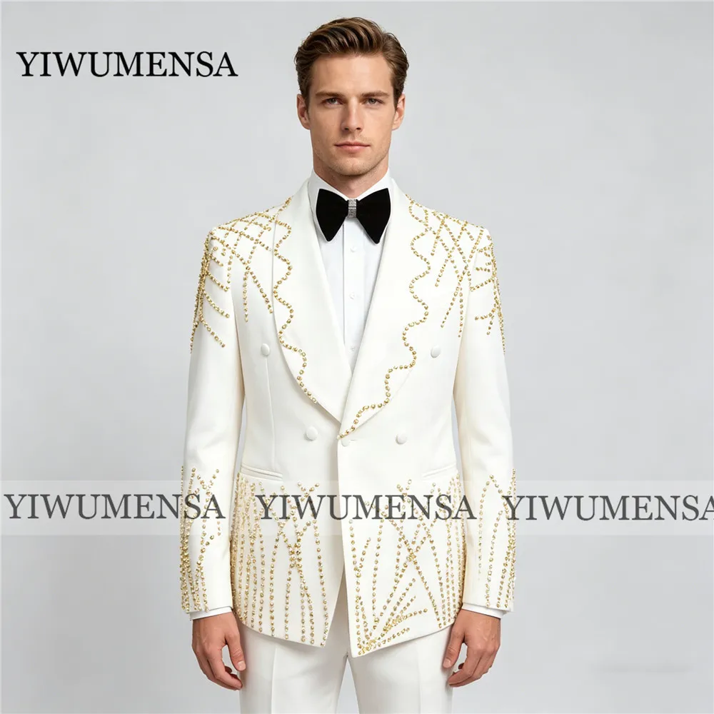 

Exclusive Wedding Suits For Groom Gold Rhinestones Beaded Jacket Pants 2 Piece Sets Man Banquet Tuxedo Attire Customized Blazers