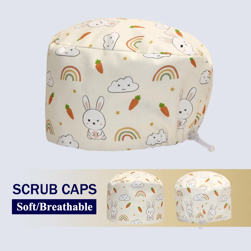 Cute Bunny Print Medical Scrub Caps Pet Clinic Hats Surgical Hats for Women & Men Dustproof Chef Vet Cleaner Working Hats K927