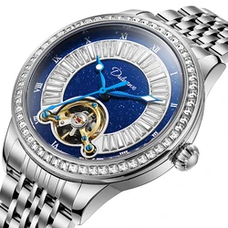 Tourbillon Watches for Men Rhinestone Dial Luminous Sport Waterproof Automatic Mechanical Watch Stainless Steel Relogio