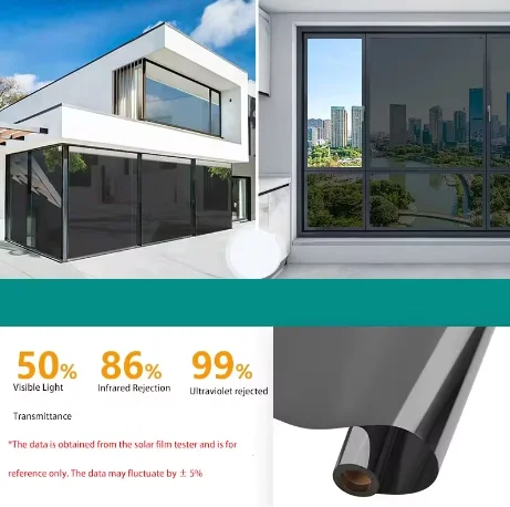 Silver Black HD Privacy Glass Tint Roll PET Material One Way Vision Anti UV Heat Blocking For Residential Office Vehicle Windows