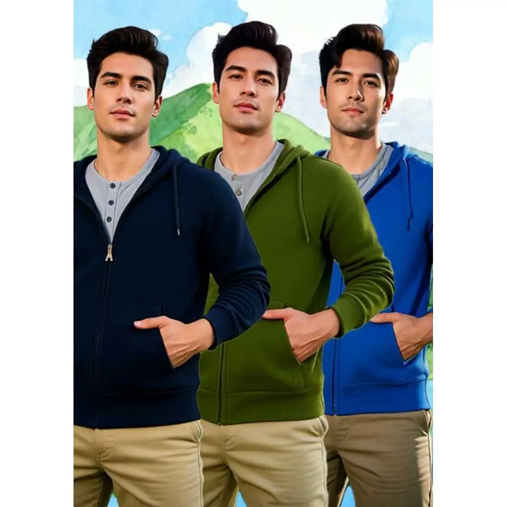 طقم جاكيت من الصوف بغطاء للرأس بسحاب للرجال مكون من ثلاث قطع، هوديي من مزيج القطن الناعم متوفر بخمسة ألوان، مريح وغير رسمي