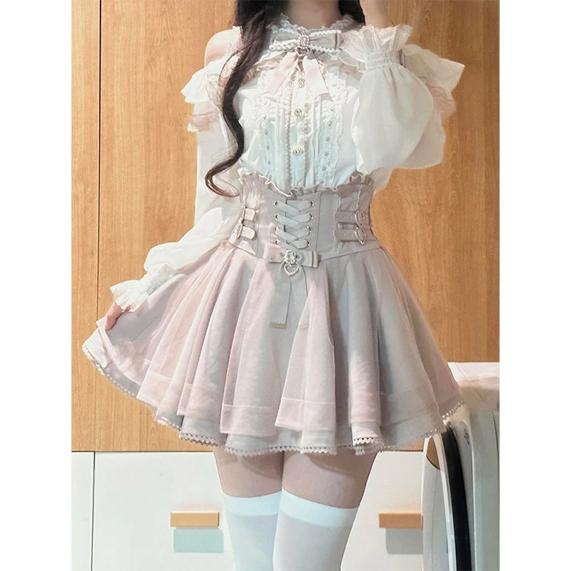 2025 Summer New Japanese Style Ruffled White Off-Shoulder Long Sleeve Shirt Pink High Waist Slimming Half Skirt Two-Piece Set