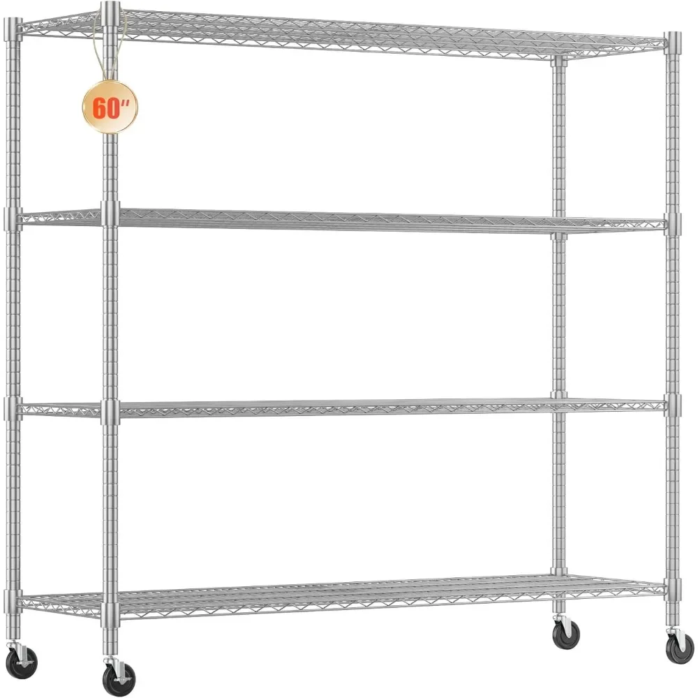 

4 Tier Storage Shelves with Wheels, Heavy Duty Metal Shelves for Storage, 2400LBS Commercial Adjustable Metal Shelves