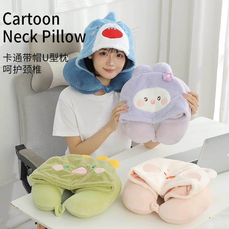 Cartoon Hooded U-Shaped Pillow, Plush Hooded Neck Pillow, Travel Portable Light-Blocking Airplane Pillow, Office Nap Neck Pillow