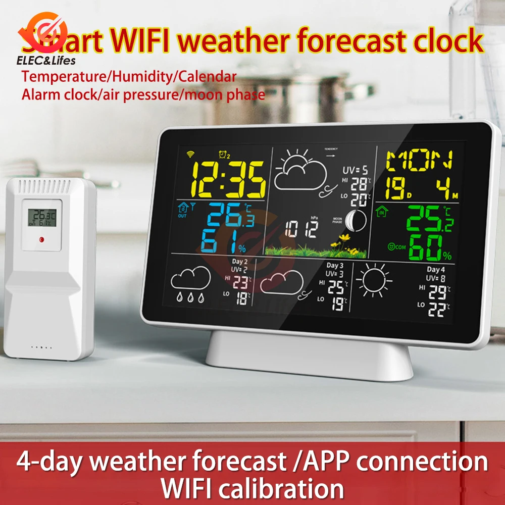 Tuya WiFi Intelligent Weather Alarm Clock Weather Forecast Weather Station LCD Color Screen Wireless Thermometer Hygrometer