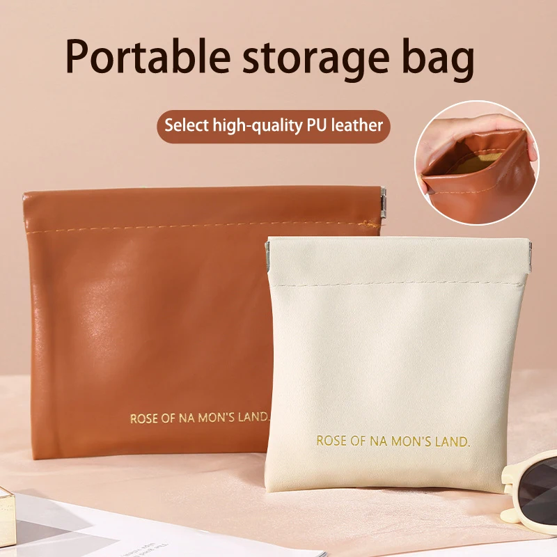 Portable Lipstick Cosmetics Bag OU Leather Self-closing Makeup Pouch Large Data Line Earphones Key Storage Bag Coin Purse