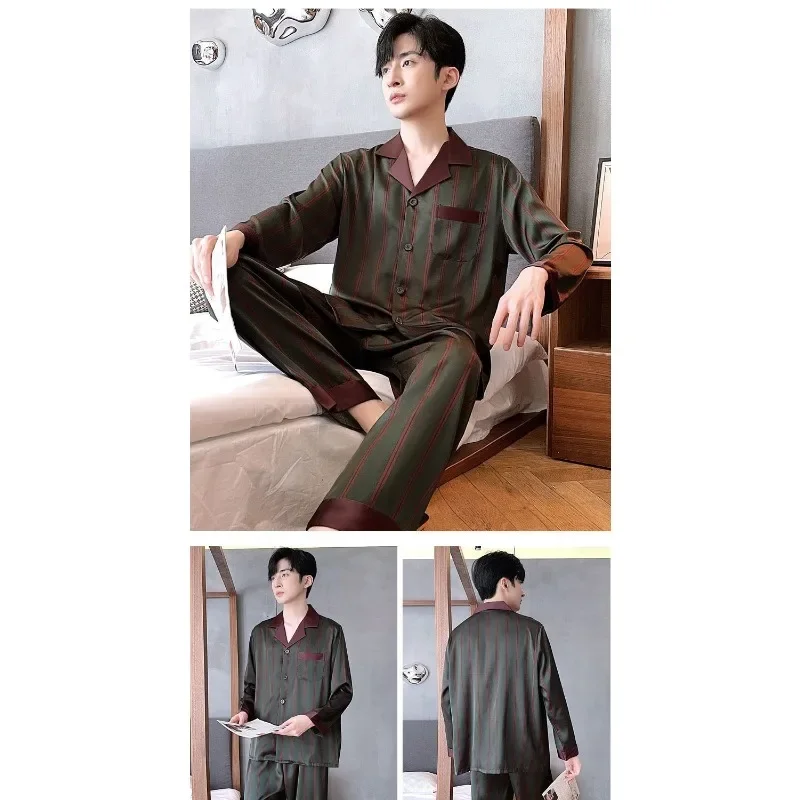 Men Long Sleeve Ice Silk Senior Sense Home Wear Summer Thin Imitation Silk Four Seasons Summer Short Sleeve Suit Spring Autumn