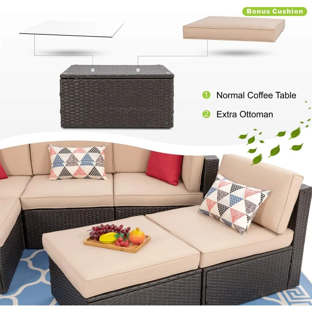 6 Piece Patio Furniture Sets, All Weather PE Wicker Rattan Outdoor Sectional Sofa with Glass Table, Cushions and Pillows