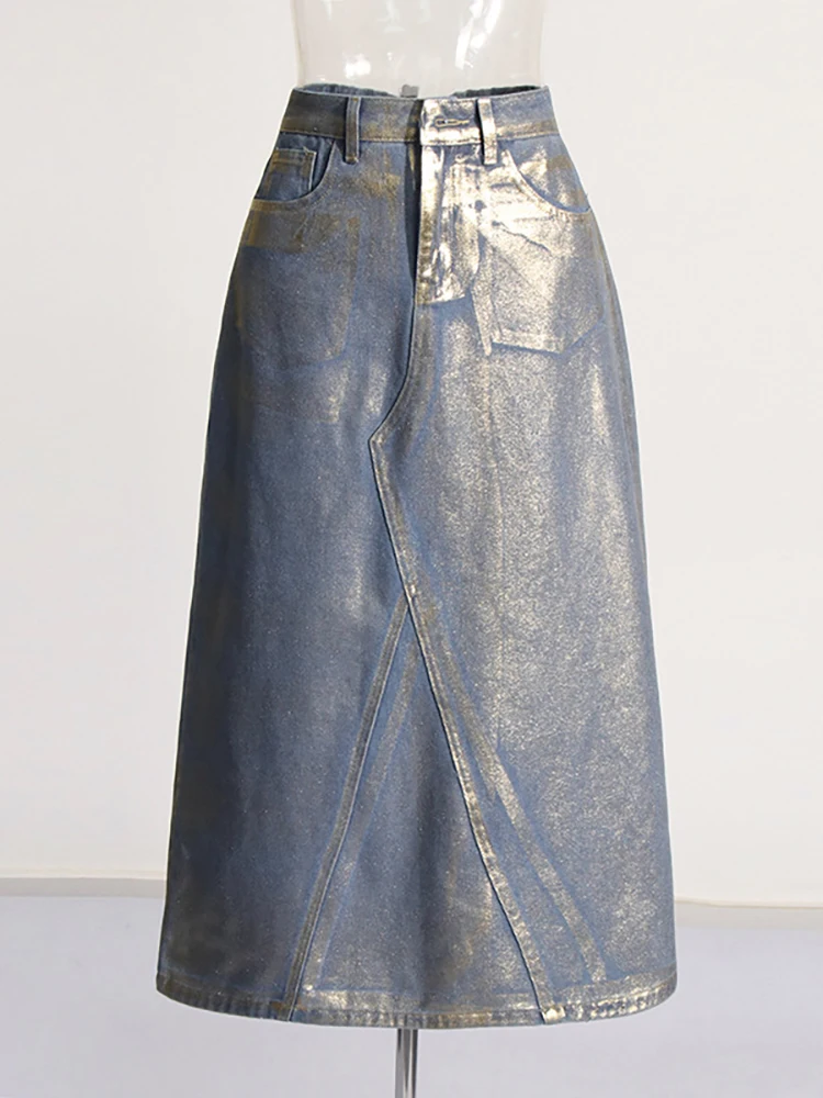 DEAT Women's Denim Skirt High Waist Hot Stamping Coated Patchwork A-line Plated Long Skirts 2025 Spring New Fashion 29L7021