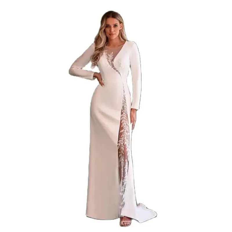 Long Sleeve O-Neck Lace Elegant Evening Dresses Side Illusion Floor Length Sweep Train Gowns Special Occasion Women Mermaid