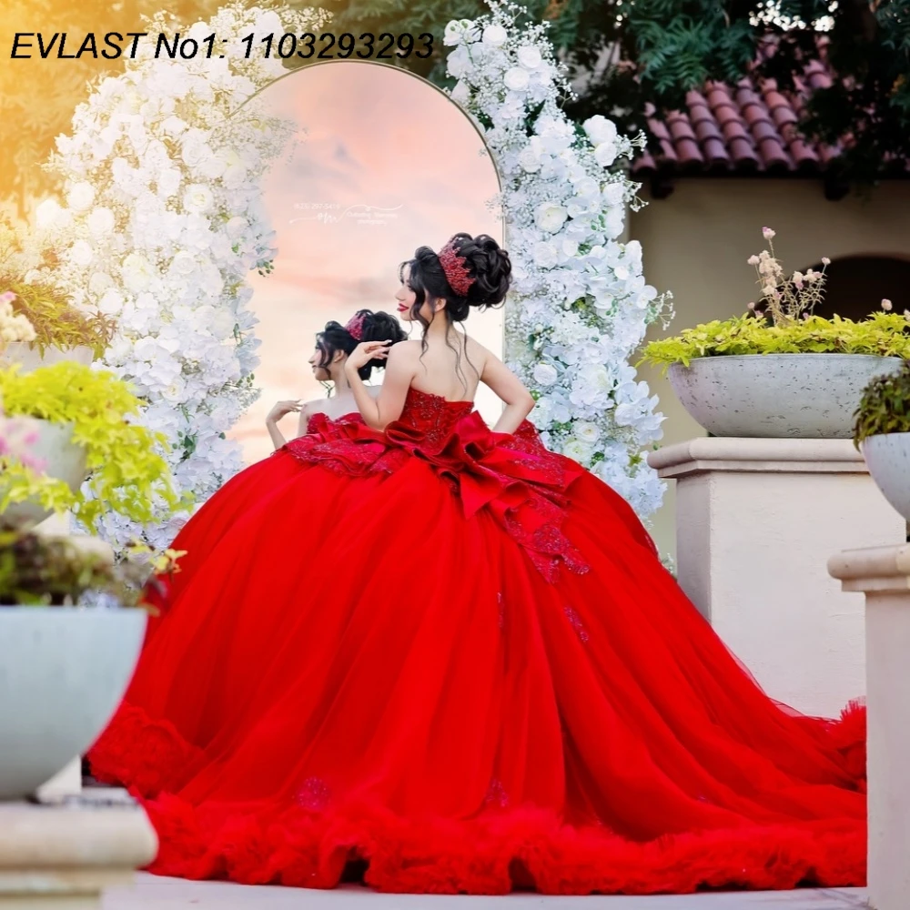 

EVLAST Customized Red Quinceanera Dress Ball Gown Lace Applique Crystal Beaded Tiered Sweet 16 Vestidos De 15 Anos E1QN579
