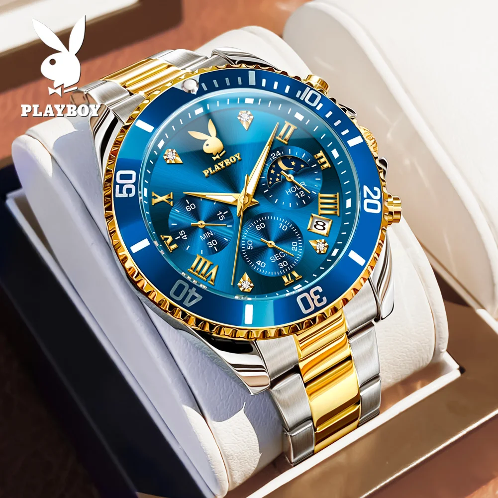 PLAYBOY Brand Elegant Fashion Business Watch for Men Original Stainless Steel Waterproof Chronograph Calendar Quartz Men Watch