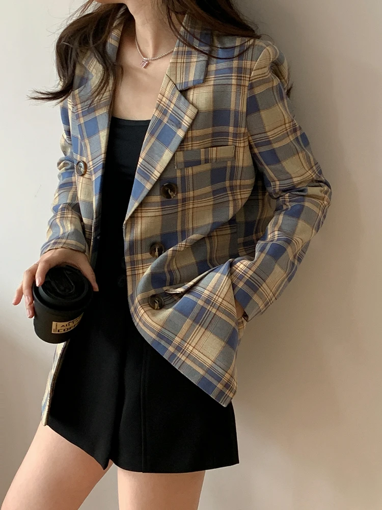 Colorfaith JK6100 New 2023 Women\'s Blazers Oversized Plaid Buttons Pockets Jackets Notched Vintage Checkered Spring AutumnTops