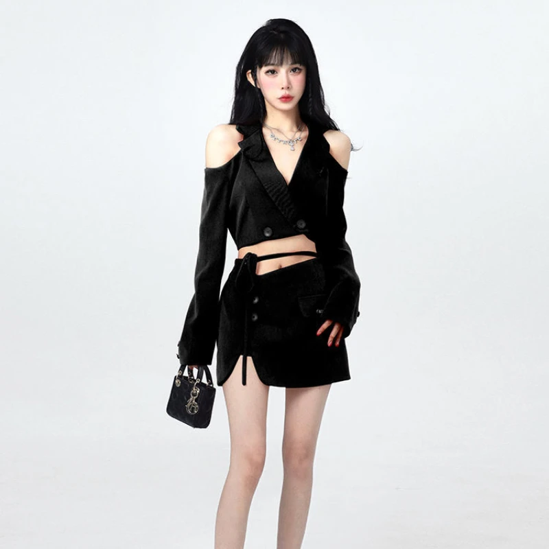 Off Shoulder Drawstring Skirts Sets Turn Down Collar Blazer Crop Tops Mini Sexy Female Slim Short Skirt 2022 Fashion Woman Set