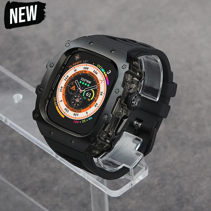 Luxury Modification Kit for Apple Watch Ultra4 3 2 49mm 45mm 44mm Stainless Steel Case Silicone Band for IWatch Series 9 8 7 6 5