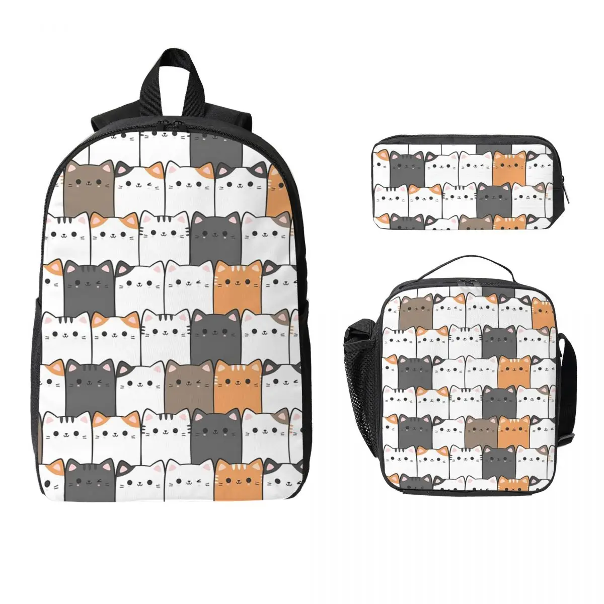 Cute Colorful Kitten Cat Cartoon Backpack Boys Girls BookBag School Bag Laptop Shoulder Bags 3ps Insulated Lunch Bag Pencil Case