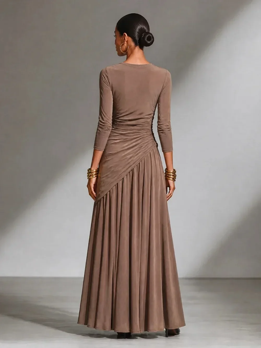Women Elegant Solid Maxi Dress V‑Neck Long Sleeve Ruched Wrap Waist Asymmetrical Draped Slim Fit Evening Party Ladies Dresses