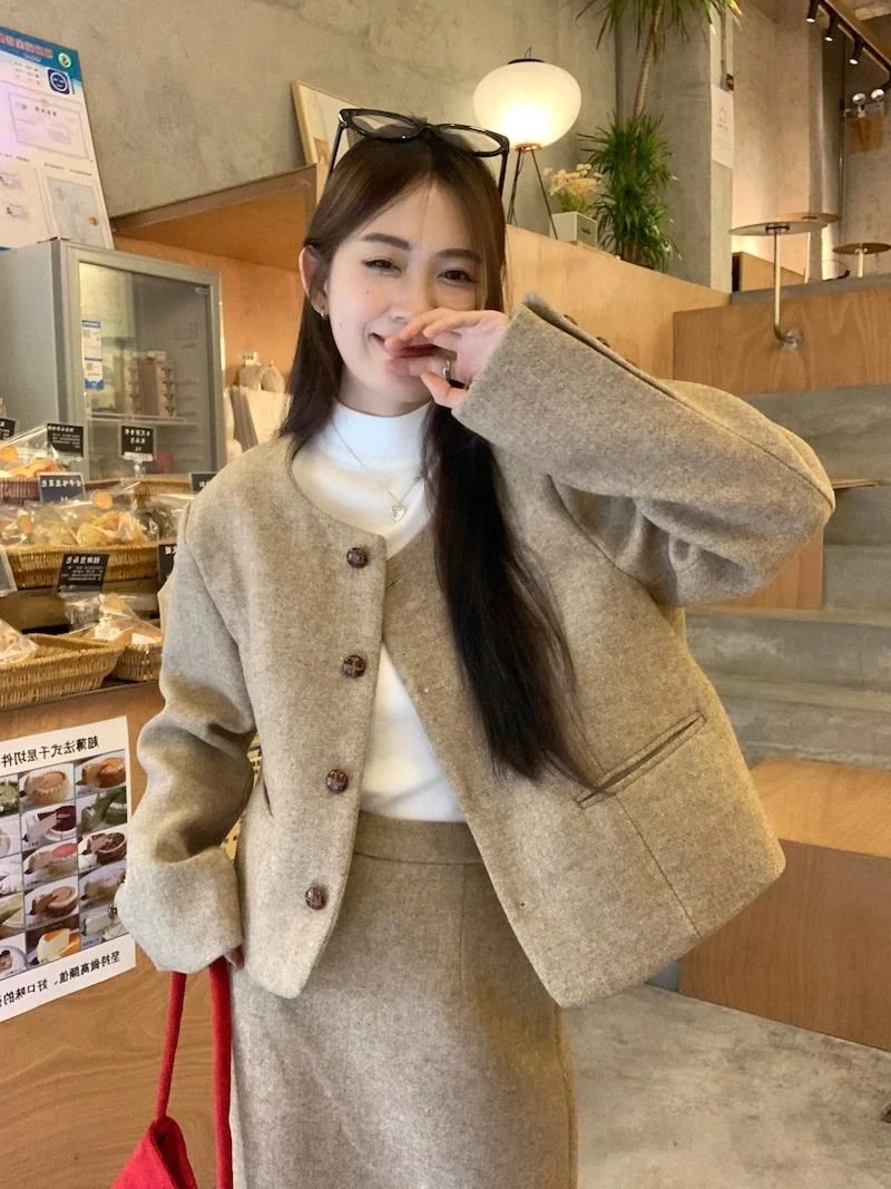 UNXX Chic Elegant Thickened Long Sleeve Woolen Coat Mid-length Skirt Women\'s Autumn Winter 2023 New Fashion Set High Quality