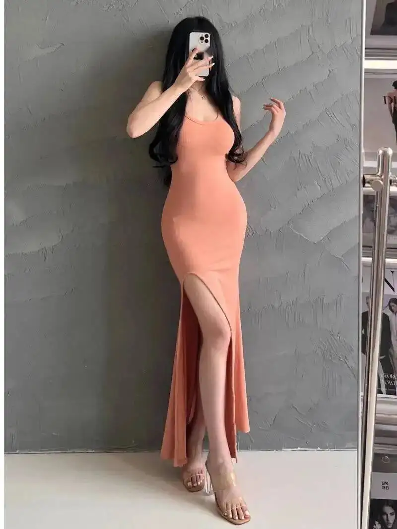 Vestidos longos sexy finos com fenda design novo picante menina suspender vestido hip abraçando vestido elegante moda feminina verão doce topos KI08