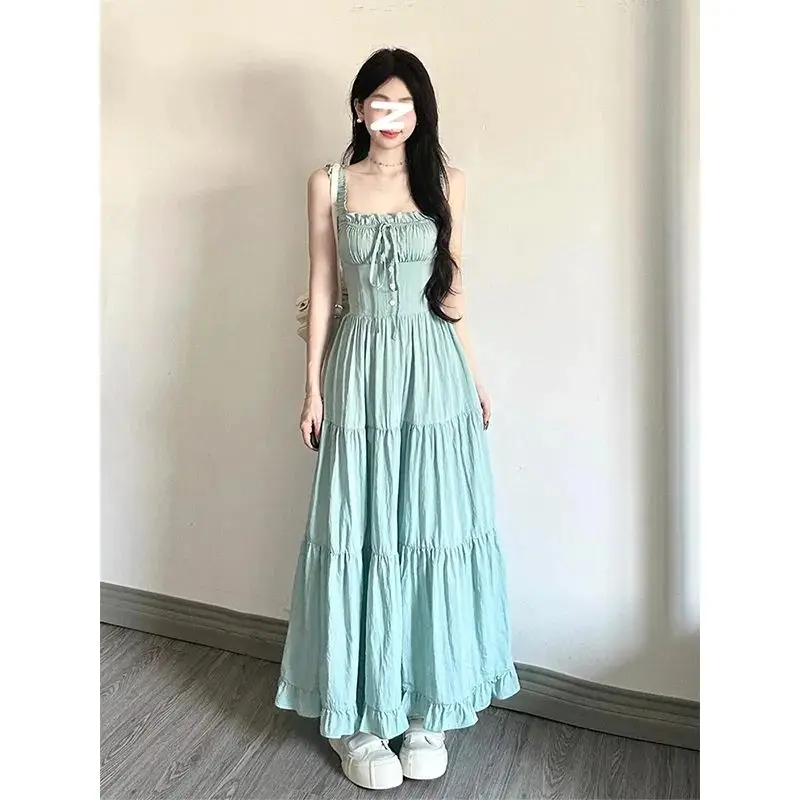 

Korea Sweet Mint Green Strap Dress High Waist Square Collar Slim Sleeveless A-line Long Dress Fashion Female Clothes