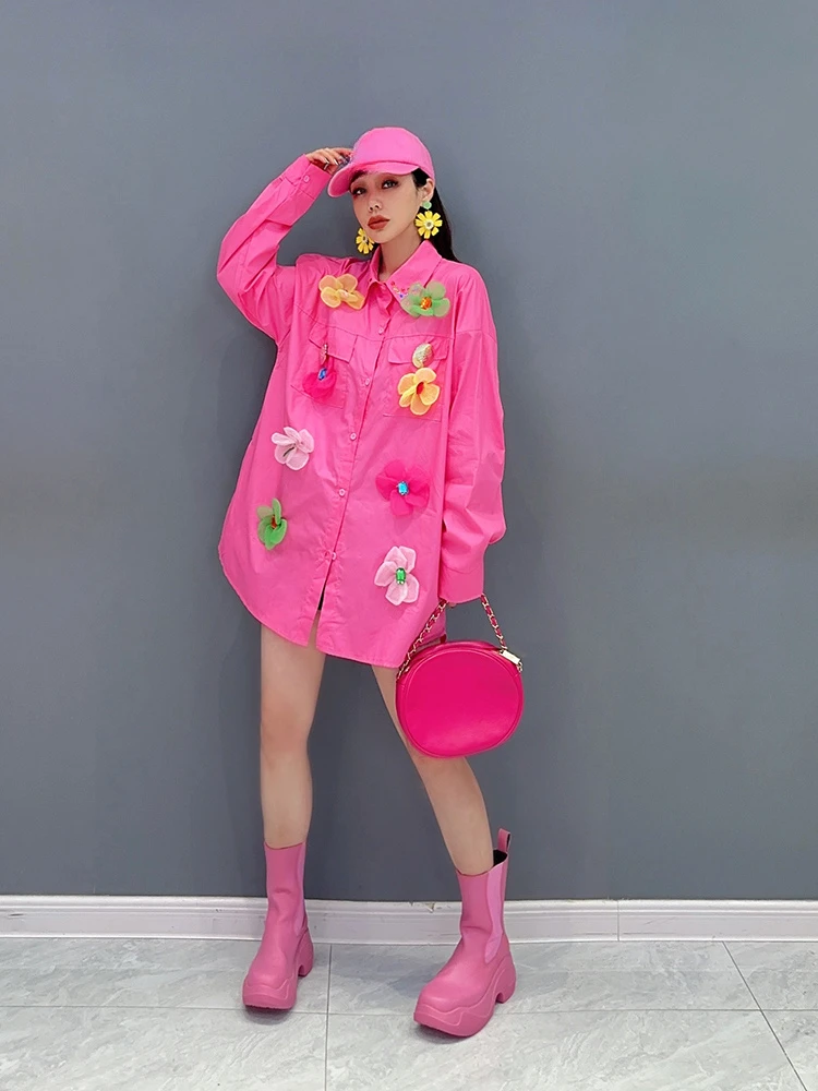 Women's 2025 Spring New Long-sleeve Cotton Shirts Three-dimensional Flower Decoration Cute Tops Fashion Loose Women's Clothing