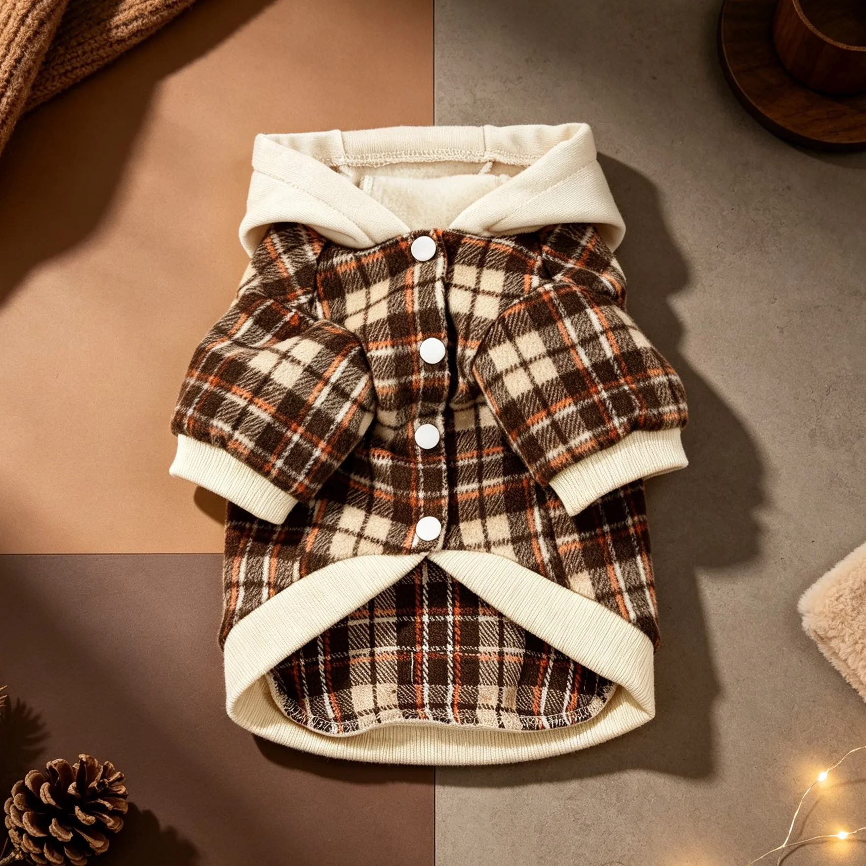 Hundejacke, Vintage-Karomuster in Braun, farblich abgesetzte Kapuze, Kragen mit Druckknöpfen und Taschen, weiche, warme Jacke. – Detail 4