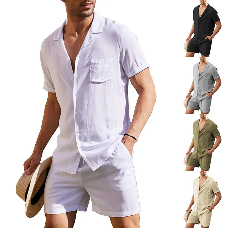 

Short Sleeved Shirt Set European and American Men's Clothing Four Sided Elastic Summer Loose Fitting Casual Shirt Shorts