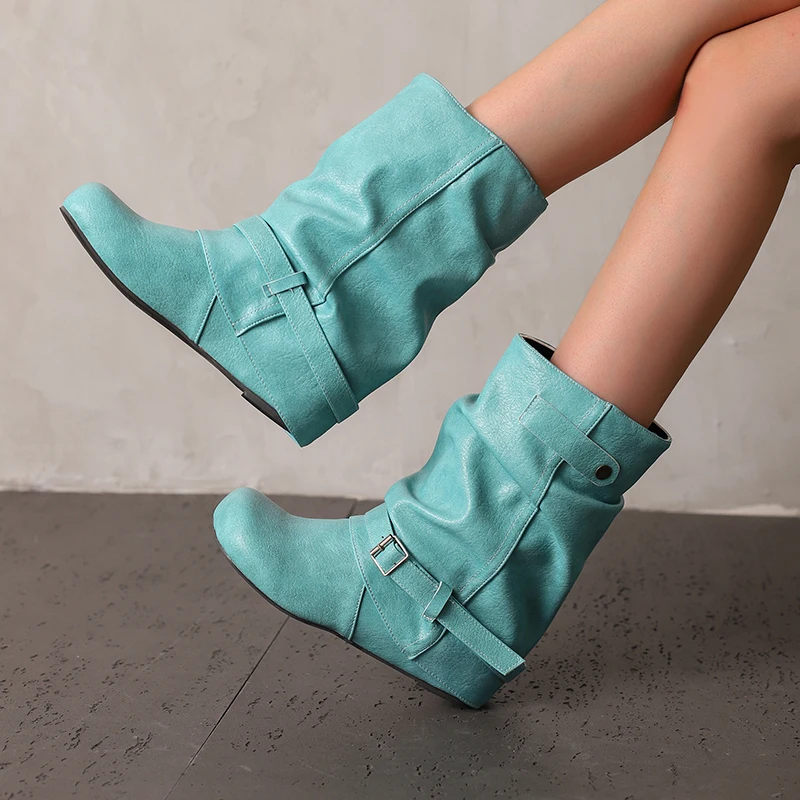 Kcenid المرأة جولة تو الانزلاق على منتصف العجل الأحذية مشبك الموضة مريحة الارتفاع زيادة حذاء من الجلد للنساء حجم 34-50 #3