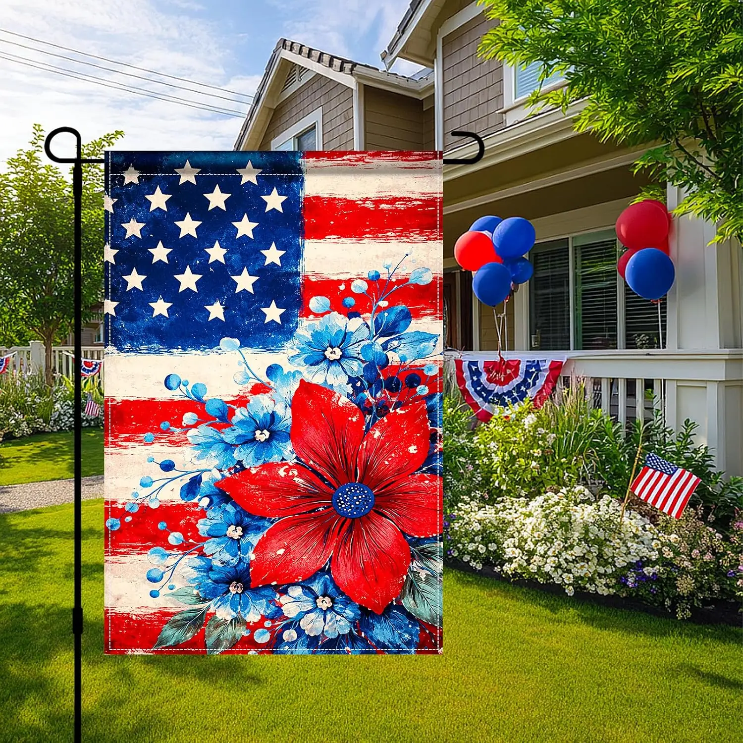 4th of July Independence Day Patriotic Floral Garden Flag 12x18 Inch Double Sided Red Blue American Flower Yard Flag, Outdoo MMZ
