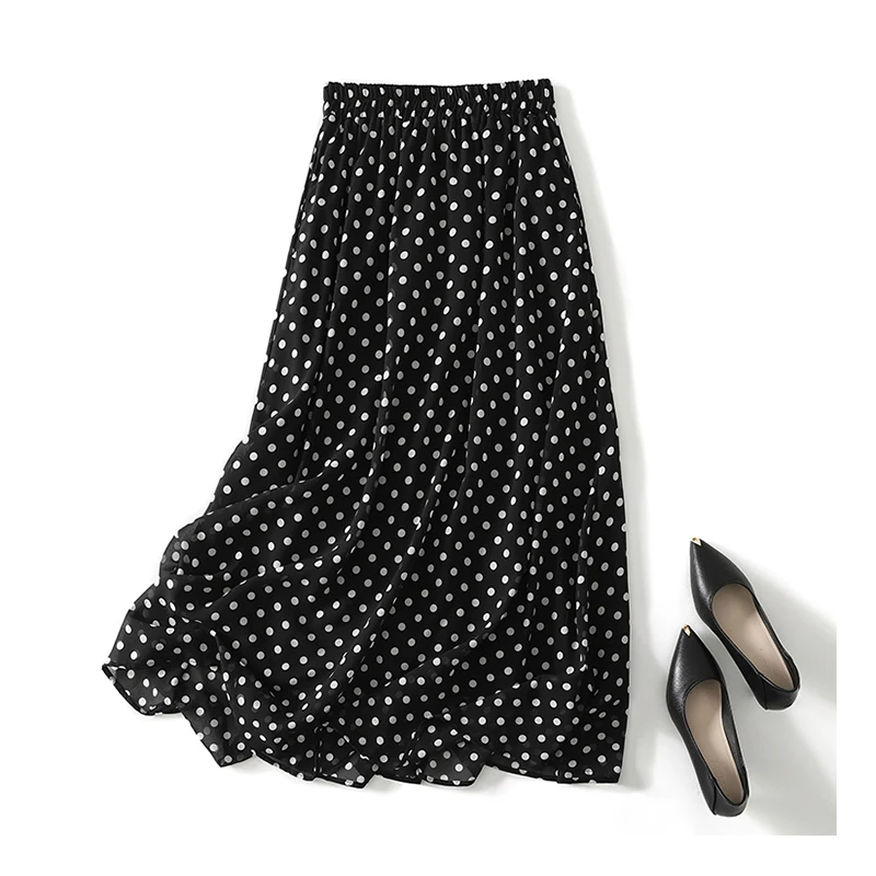 

Повседневные большие распашные юбки в горошек, женские элегантные длинные юбки трапециевидной формы с эластичной резинкой на талии, двухслойная черная шифоновая юбка