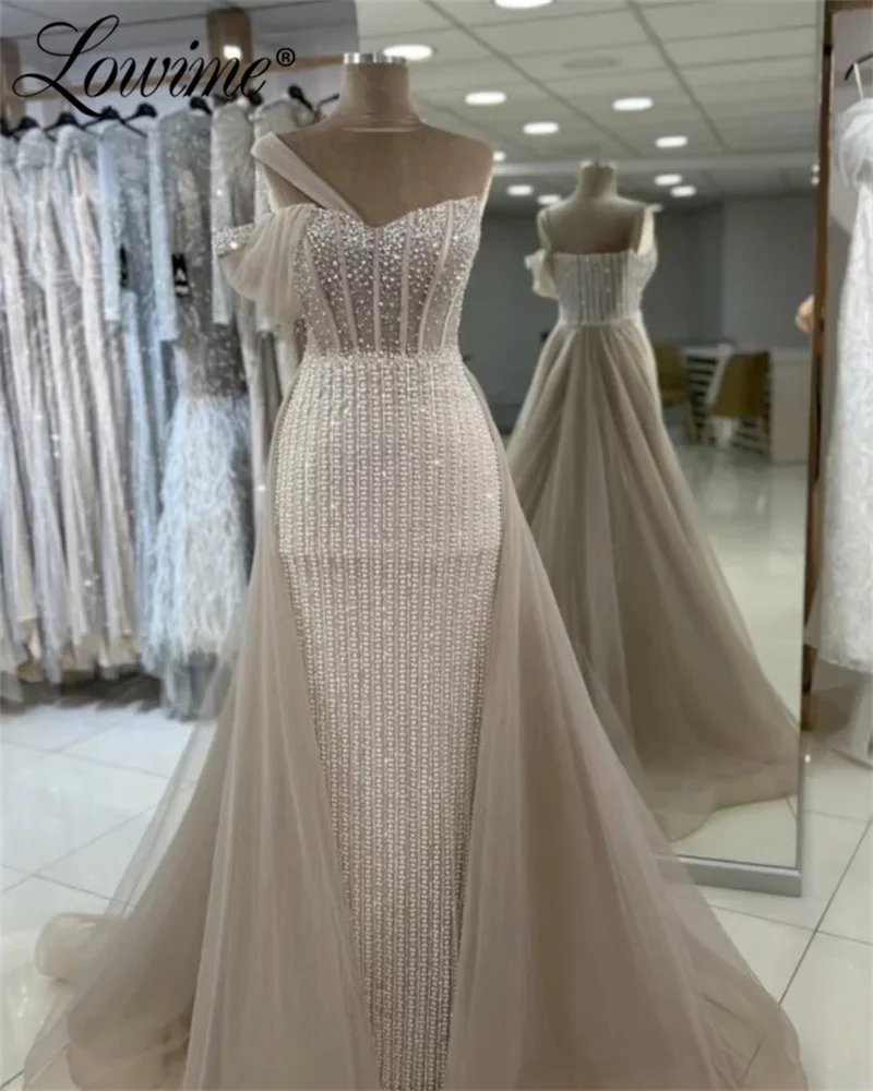 Lowime Elegant Heavy Beaded Mermaid Arabic Evening Dress Long Prom Dresses For Women Wedding Party Customize Celebrity Dresses