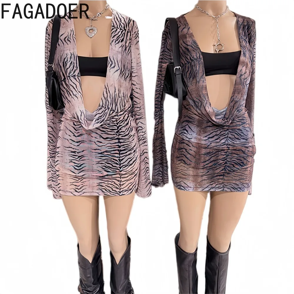 FAGADOER Y2K Retro Tiger Striped Mini Dress Two Piece Sets Sexy Ruched Deep V  Flare Long Sleeve Bodycon Dress + Crop Top Suits view 3